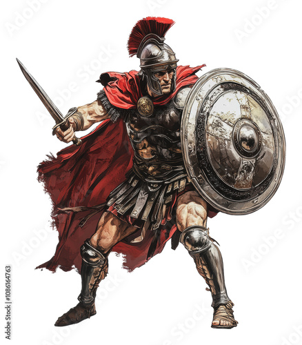 PNG Roman warrior in battle gear with sword and shield photo