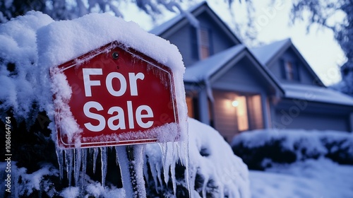 House for sale in winter with snow covering the ground and icicles hanging from the sign during the evening hours