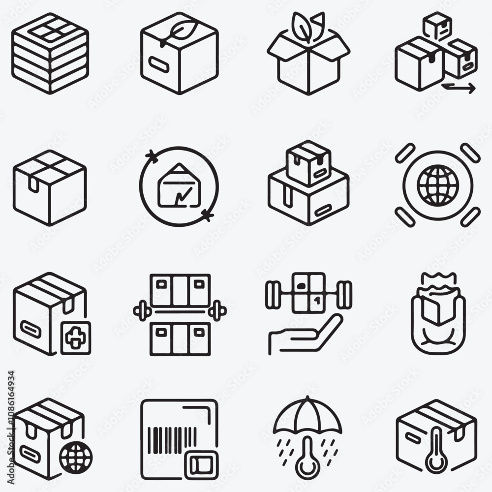 Vector Line Icon Set for Package Handling and Logistics: Eco-Friendly, Inventory, Global Shipping, Fragile, and Temperature-Sensitive Packaging Vector Line Icon Set for Package Handling and Logistics: Eco-Friendly, Inventory, Global Shipping, Fragile, and Temperature-Sensitive Packaging