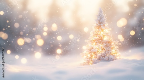 Illuminated Christmas Tree in a Snowy Winter Forest