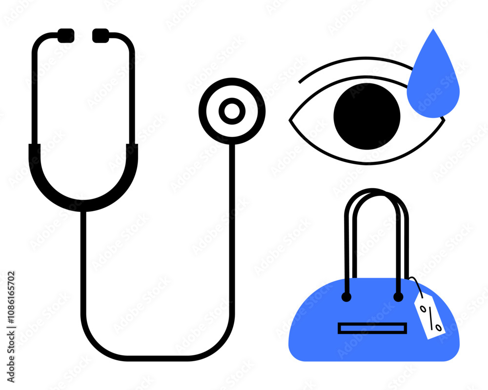 Stethoscope, eye with teardrop, and handbag with label representing healthcare, emotional health, and lifestyle choices. Ideal for mental health, healthcare, wellbeing, lifestyle medical emotional Stethoscope, eye with teardrop, and handbag with label representing healthcare, emotional health, and lifestyle choices. Ideal for mental health, healthcare, wellbeing, lifestyle medical emotional