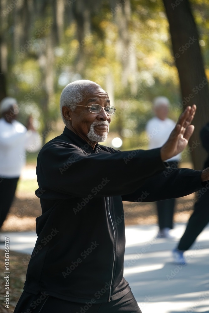 Obraz premium active elderly african american man practicing tai chi in serene park on sunny day, meditative group training. senior activity, leisure, retirement, healthy lifestyle. mindfulness, zen, harmony