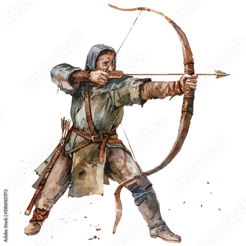 A watercolor vector of a Medieval Archer with a Bow, isolated on a white background. Medieval Archer with a Bow vector.
