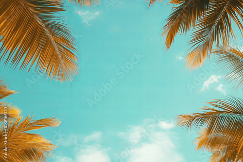 Retro style tropical palm tree background with clear skies, ideal for summer designs, vacation themes, and travel inspiration photo