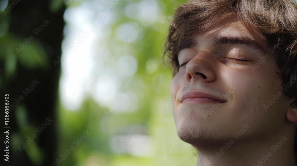 Serene Young Man Enjoying Nature Blissfully Serene Young Man Enjoying Nature Blissfully