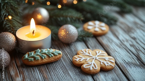 Wallpaper Mural Cozy Christmas scene with lit candle, gingerbread cookies, ornaments, and fir branches on rustic wooden background. Torontodigital.ca