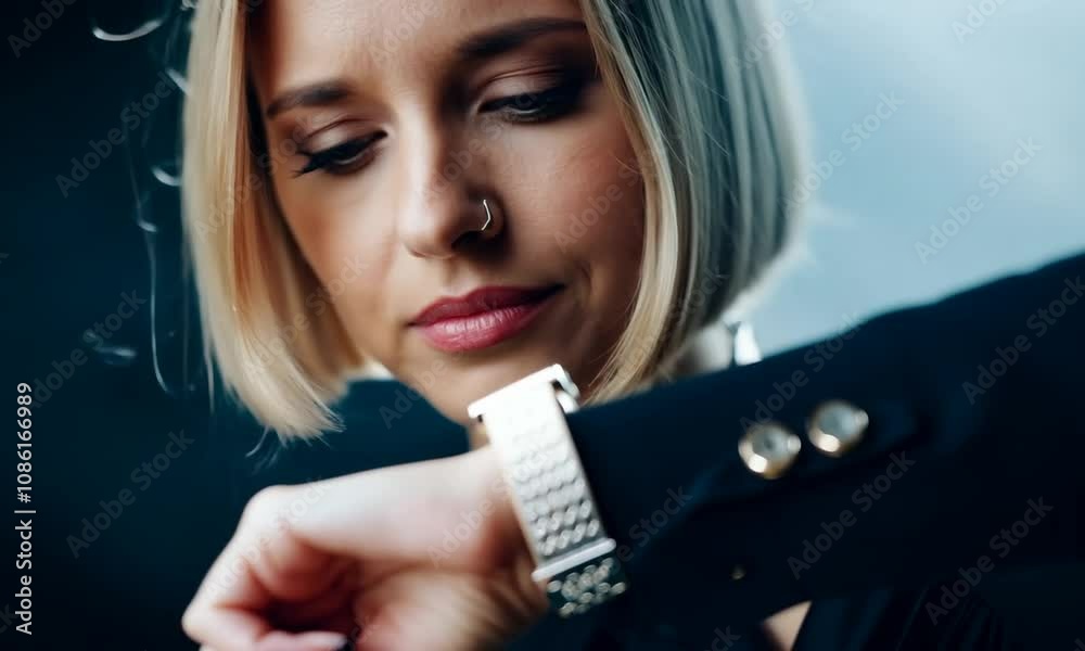 blonde woman in black suit looking at her watch to check time blonde woman in black suit looking at her watch to check time