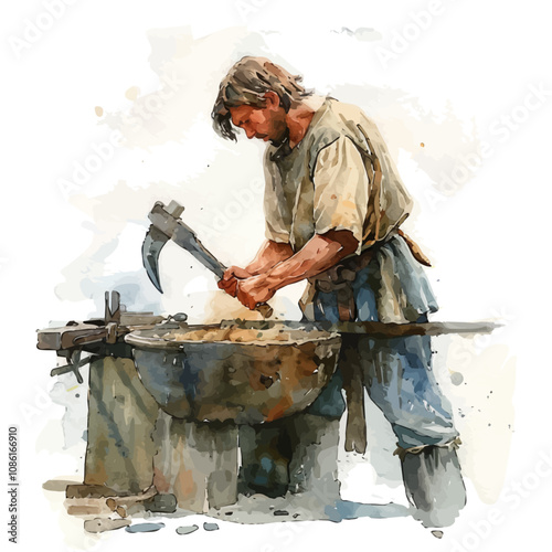 A watercolor painting of a Medieval Blacksmith Forging, isolated on a white background. Medieval Blacksmith Forging vector.