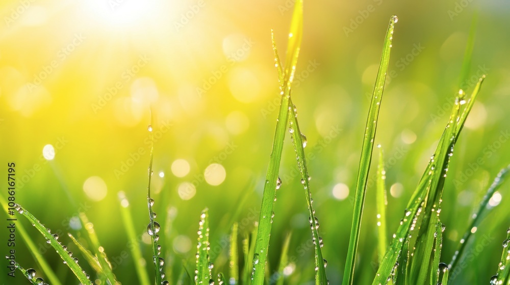 Fototapeta premium Morning Dew on Fresh Green Grass Blades