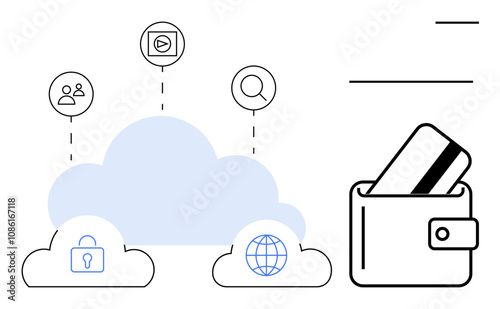Icons of cloud storage, digital wallet with a credit card, security lock, users, globe, and search magnifier. Ideal for cloud computing, data security, online transactions financial management