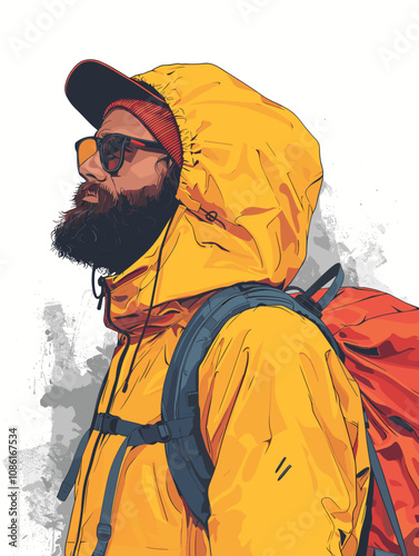 Man in a penny orange jacket with a red backpack . Stylish Vector Illustration.