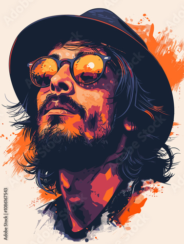 Man with a beard and sunglasses is the main subject of the image. The sunglasses are positioned above his nose, and his hair is styled in a way that makes him look cool and confident