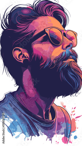 Man with a beard and sunglasses is the main subject of the image. The sunglasses are positioned above his nose, and his hair is styled in a way that makes him look cool and confident