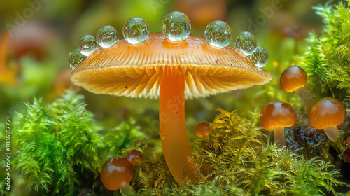 A delicate mushroom cap emerges from lush green moss, adorned with sparkling droplets in a tranquil woodland setting photo