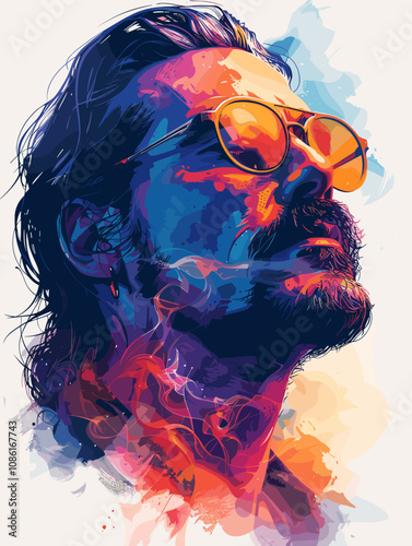 Man with a beard and sunglasses is the main subject of the image. The sunglasses are positioned above his nose, and his hair is styled in a way that makes him look cool and confident