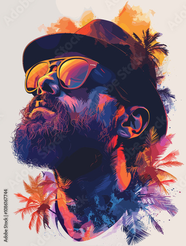 Man with a beard and sunglasses is the main subject of the image. The sunglasses are positioned above his nose, and his hair is styled in a way that makes him look cool and confident