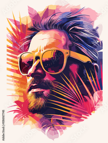 Man with a beard and sunglasses is the main subject of the image. The sunglasses are positioned above his nose, and his hair is styled in a way that makes him look cool and confident