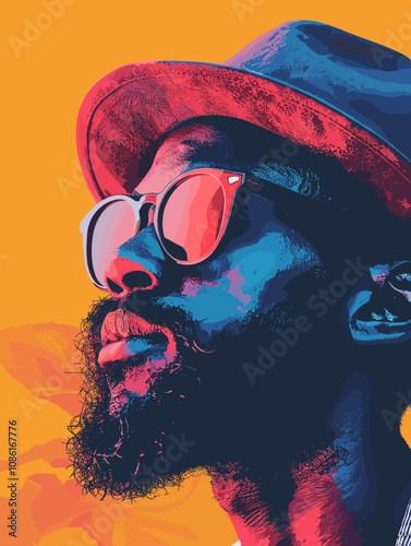 Man with a beard and sunglasses is the main subject of the image. The sunglasses are positioned above his nose, and his hair is styled in a way that makes him look cool and confident