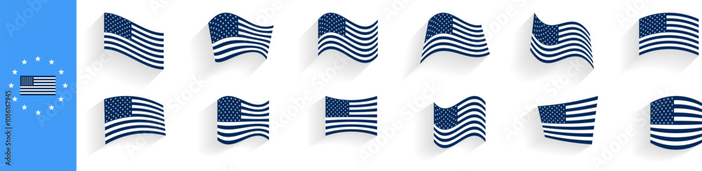 Set of blue American flag signs. Set of blue national flags waving in the wind. Silhouette style on transparent background. Set of blue American flag signs. Set of blue national flags waving in the wind. Silhouette style on transparent background.