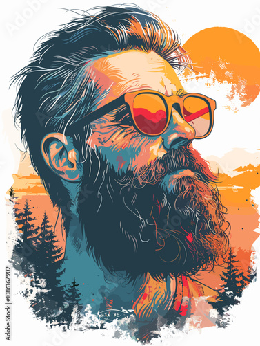 Man with a beard and sunglasses is the main subject of the image. The sunglasses are positioned above his nose, and his hair is styled in a way that makes him look cool and confident