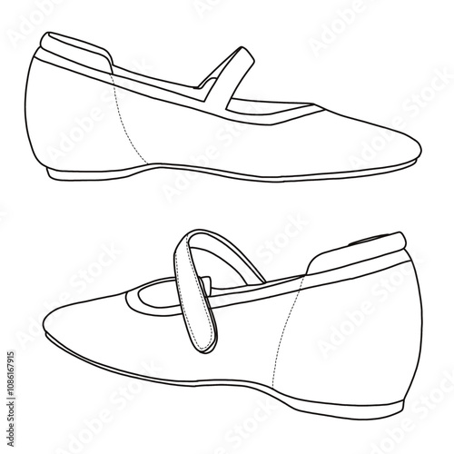 Women's Ballet flats with arch support and Concealed Low Wedge Heel shoes Line art, Technical sketch hand drawing outline vector doodle side and rear view isolated on white background