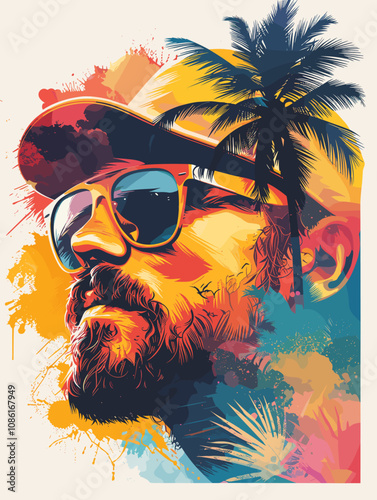 Man with a beard and sunglasses is the main subject of the image. The sunglasses are positioned above his nose, and his hair is styled in a way that makes him look cool and confident