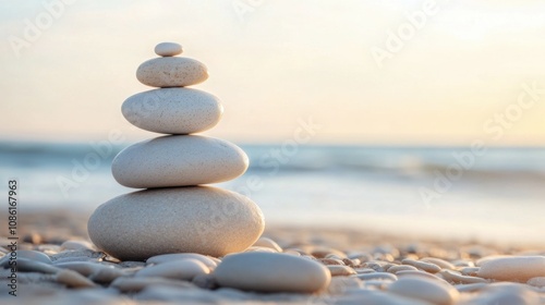 Tranquil Stone Stacking on Serene Beach at Sunset