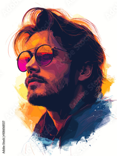 Man with a beard and sunglasses is the main subject of the image. The sunglasses are positioned above his nose, and his hair is styled in a way that makes him look cool and confident
