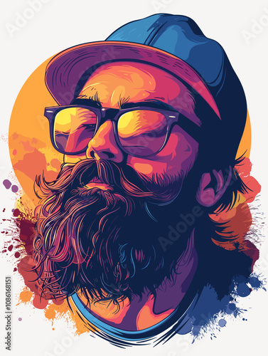 Man with a beard and sunglasses is the main subject of the image. The sunglasses are positioned above his nose, and his hair is styled in a way that makes him look cool and confident