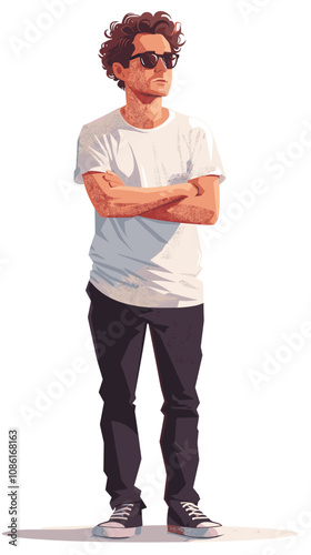 Handsome man in white t-shirt and sunglasses. Stylish Vector Illustration.