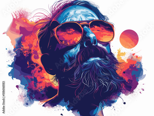 Man with a beard and sunglasses is the main subject of the image. The sunglasses are positioned above his nose, and his hair is styled in a way that makes him look cool and confident