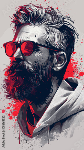 Man with a beard and sunglasses is the main subject of the image. The sunglasses are positioned above his nose, and his hair is styled in a way that makes him look cool and confident