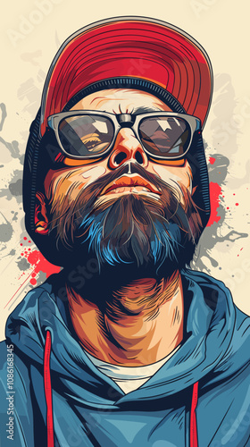 Man with a beard and sunglasses is the main subject of the image. The sunglasses are positioned above his nose, and his hair is styled in a way that makes him look cool and confident