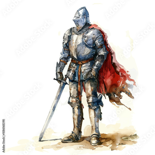 A watercolor drawing of a Medieval Knight in Full Armor, isolated on a white background. Medieval Knight in Full Armor vector.