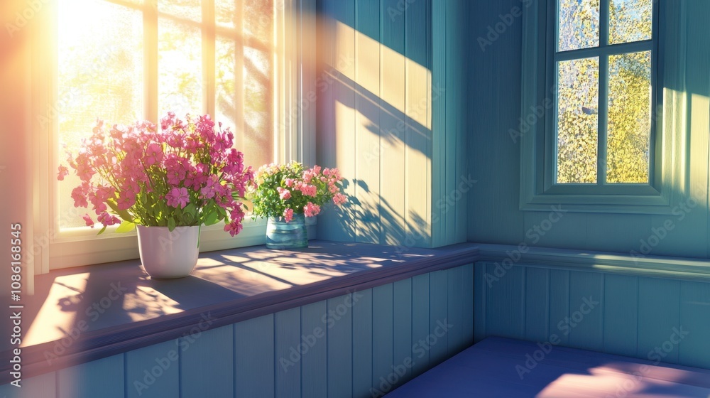 Fototapeta premium Cozy Sunlit Room with Flower Pots and Bright Ambience