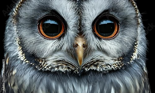 Stunning Close-Up of Owl with Striking Big Eyes and Detailed Feathers Against Black Background Showcasing Nature's Beauty and Intricacies of Avian Life photo