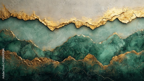 Abstract design featuring textured green and gold layers resembling mountains.