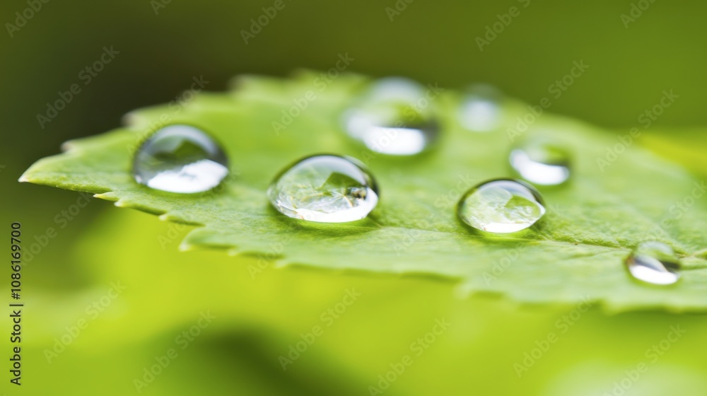 Fresh Green Leaf with Water Droplets Close-Up
