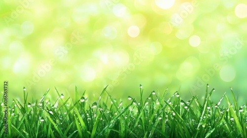 Lush Green Grass with Dew Drops in Soft Background