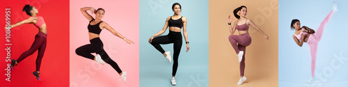 Five women showcase various dance and fitness poses, dressed in colorful activewear against bright backgrounds. Each participant demonstrates energy and movement, emphasizing joy in exercise. photo