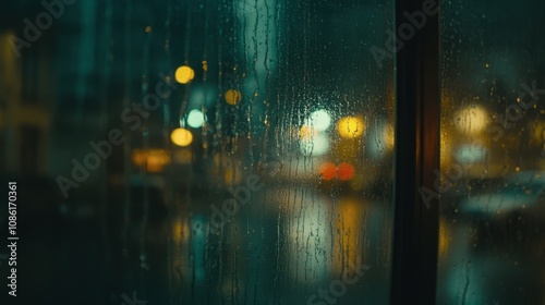 Rainy Night Cityscape Through Window Pane