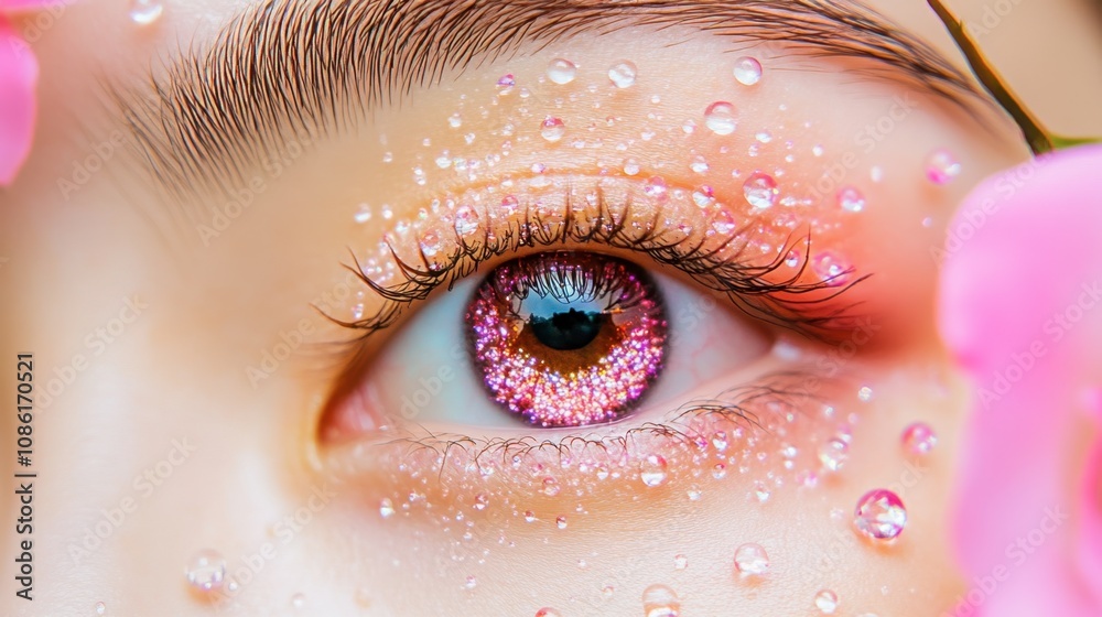 Sparkling Eye with Floral Accents and Water Droplets Sparkling Eye with Floral Accents and Water Droplets