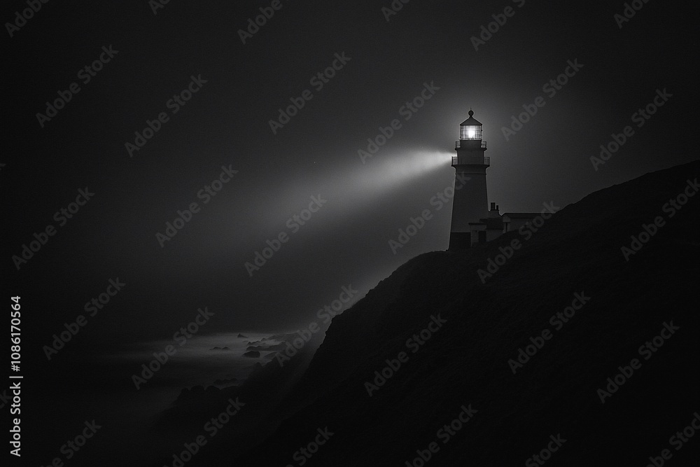 Mysterious Lighthouse in Monochrome: A Beacon Amidst the Mist Mysterious Lighthouse in Monochrome: A Beacon Amidst the Mist
