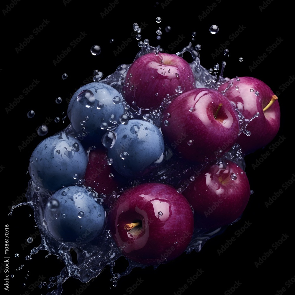 A vibrant arrangement of blueberries and red apples splashing in water. A vibrant arrangement of blueberries and red apples splashing in water.