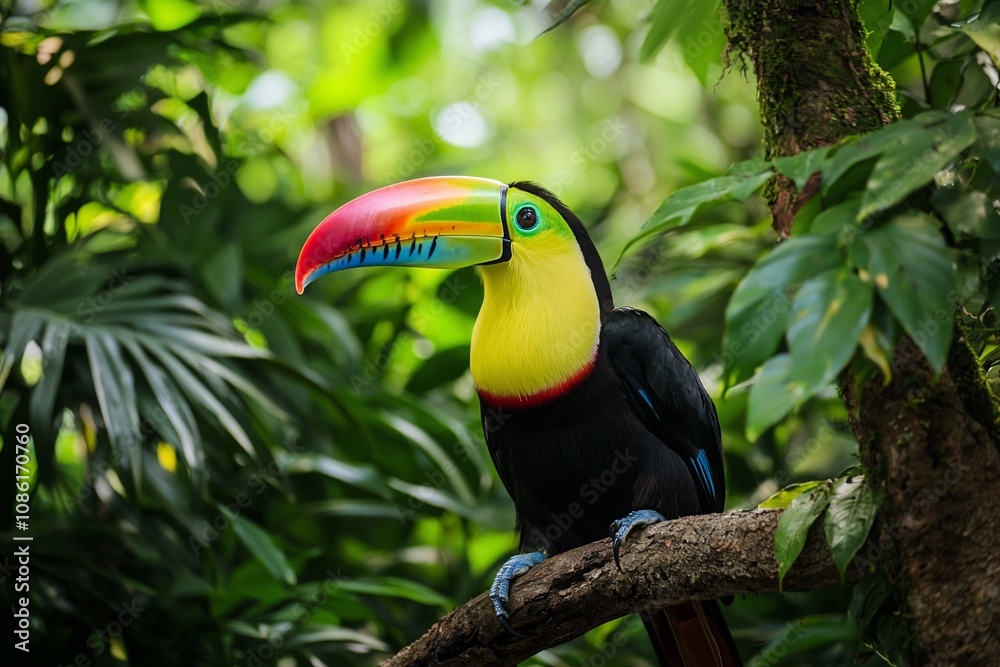 Naklejka premium Colorful Toucan Perched Amid Lush Tropical Foliage