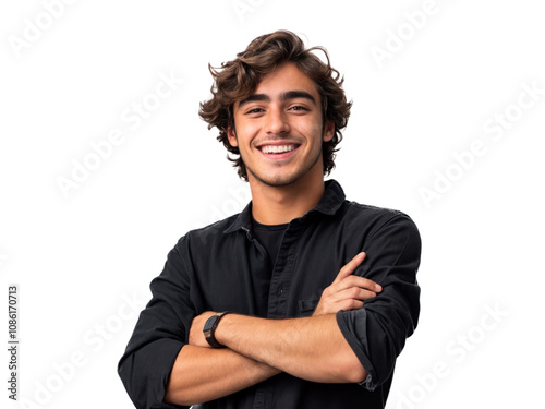 Um jovem com os braços cruzados posando. A pose transmite segurança e profissionalismo, perfeita para projetos que buscam transmitir força e segurança de um jovem