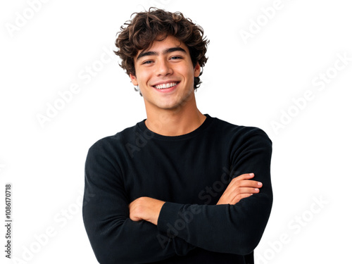 Um jovem com os braços cruzados posando. A pose transmite segurança e profissionalismo, perfeita para projetos que buscam transmitir força e segurança de um jovem photo
