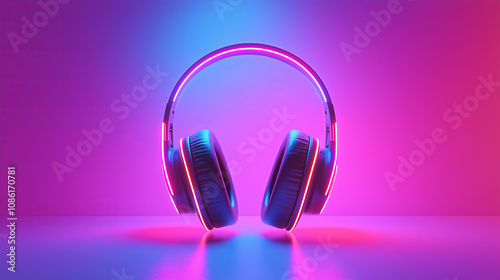 Modern wireless headphones with neon lights and glowing colors on a vibrant gradient background