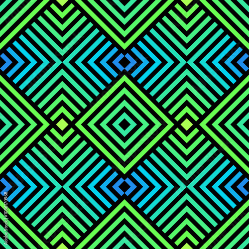 Vector geometric seamless pattern. Trending abstract sport graphic texture. Modern background with neon green and blue gradient. Funky lines, stripes, chevron, squares. 1980s - 1990s inspired design