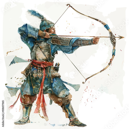 A watercolor painting of a Mongolian Warrior with a Bow, isolated on a white background. Mongolian Warrior with a Bow vector.